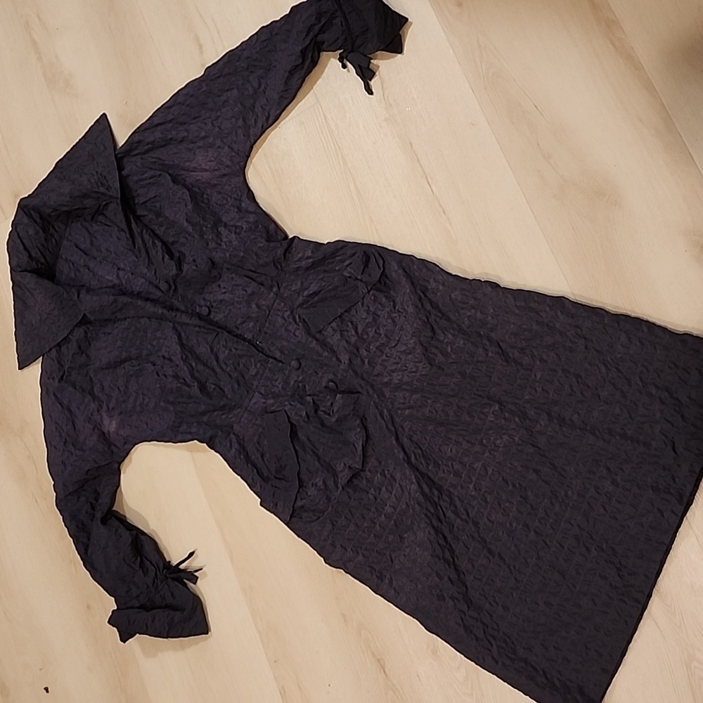 Vintage Navy Blue Searsucker Midi Dress 1950 Size Med Sz 10 Pencil Skirt Bottom
